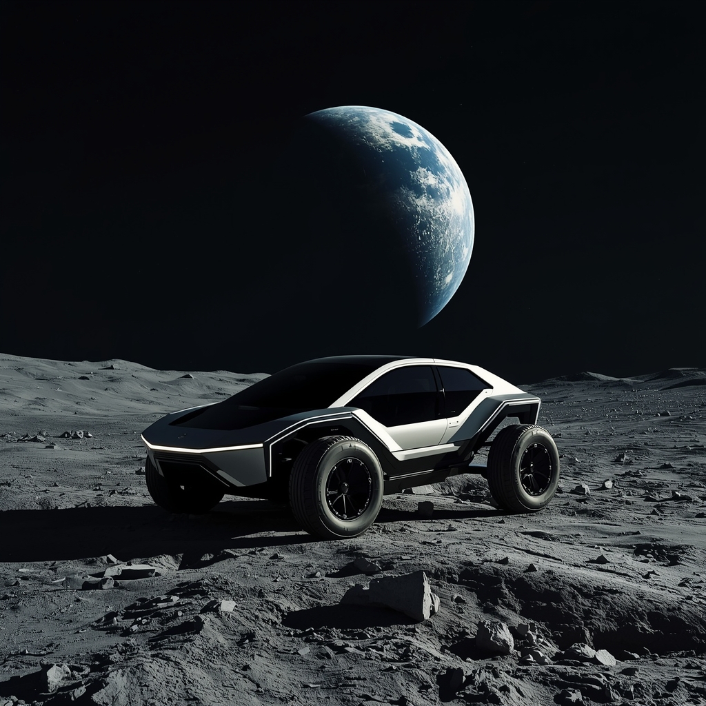 A sleek, futuristic electric lunar rover parked on the cratered surface of the moon. In the black sky, a giant Earth glows. No people, no women. Industrial design, high-tech, cinematic. 8k resolution.